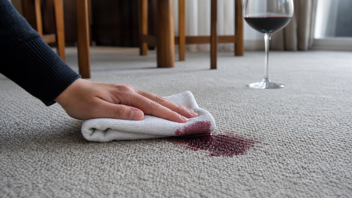 Blotting the outer edge of a fresh red wine spill on neutral carpet with a white towel.