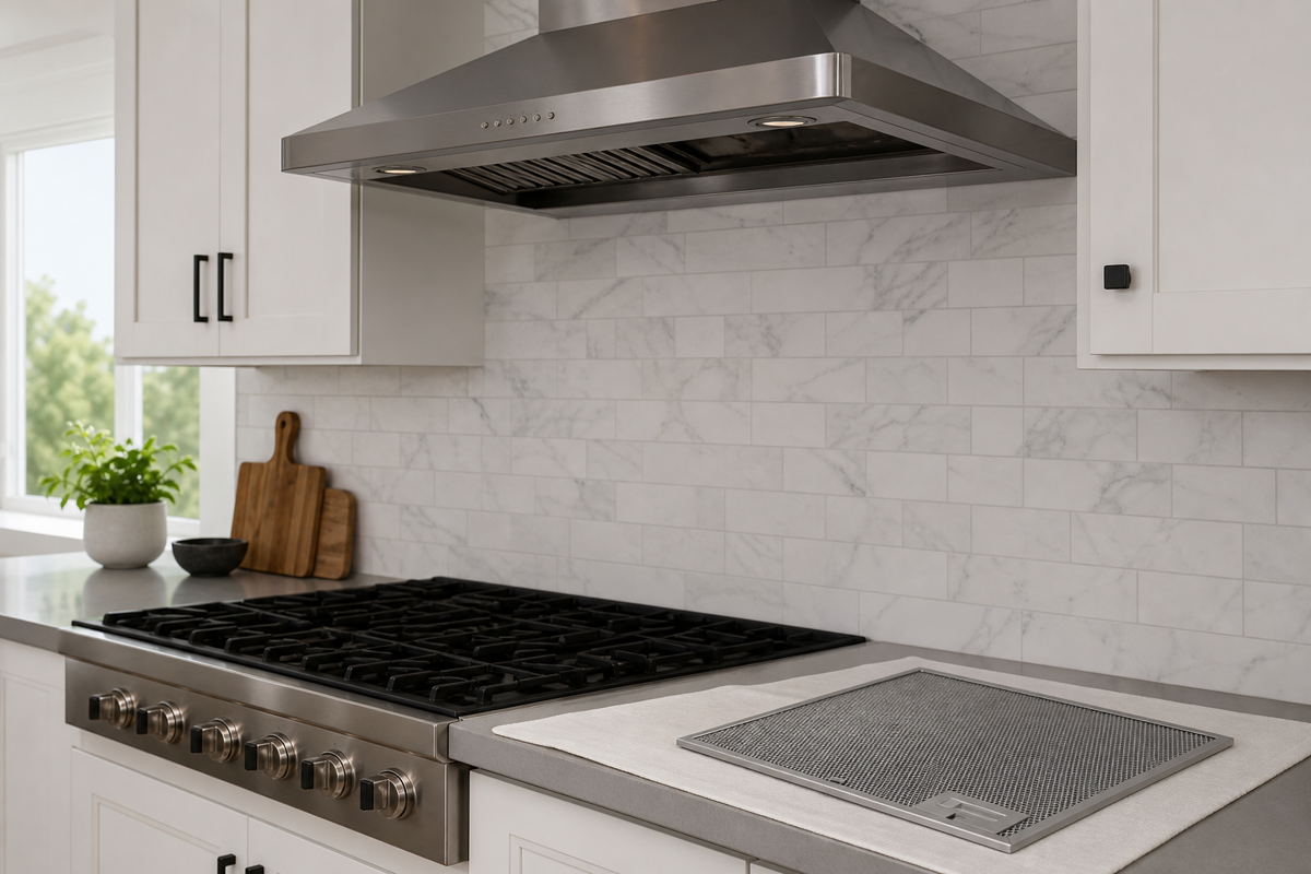 Range hood exterior and removable metal grease filter shown as separate maintenance areas.