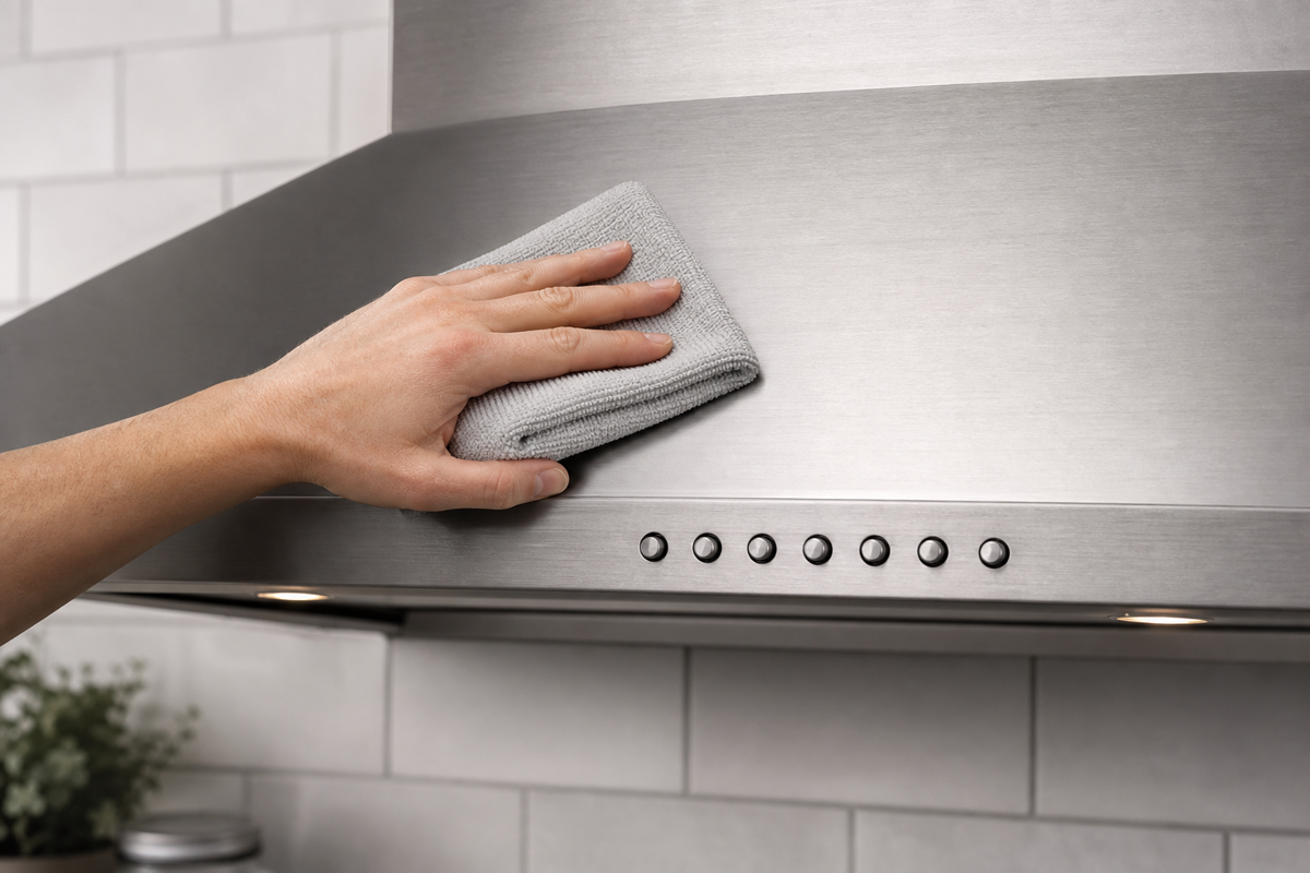 Microfiber cloth wiping a brushed stainless steel range hood in the direction of the grain.
