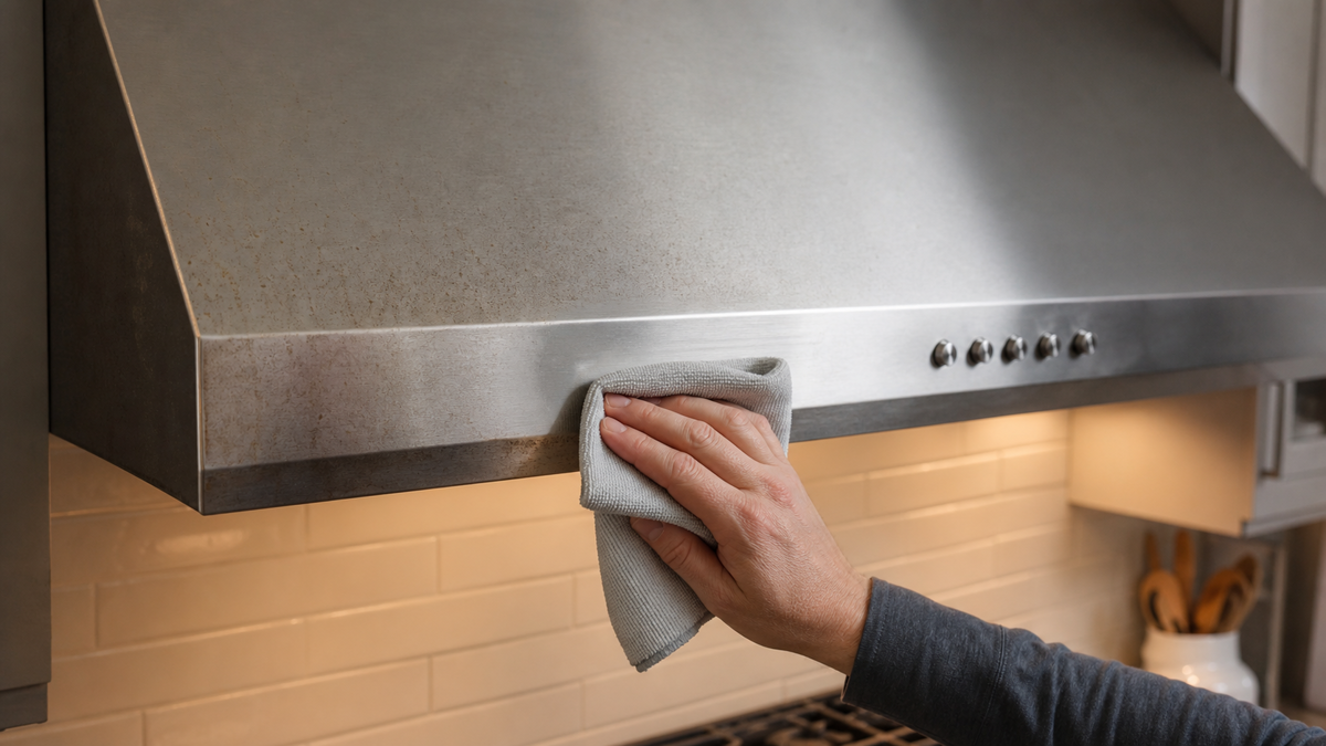 Wiping sticky grease from a brushed stainless steel range hood exterior with microfiber.