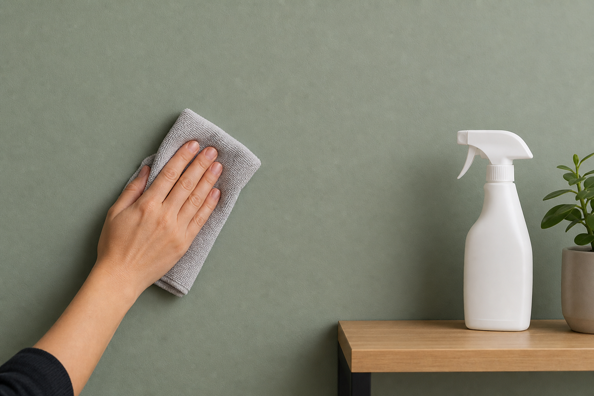 Using a lightly damp microfiber cloth to clean a small painted-wall area without overspraying.