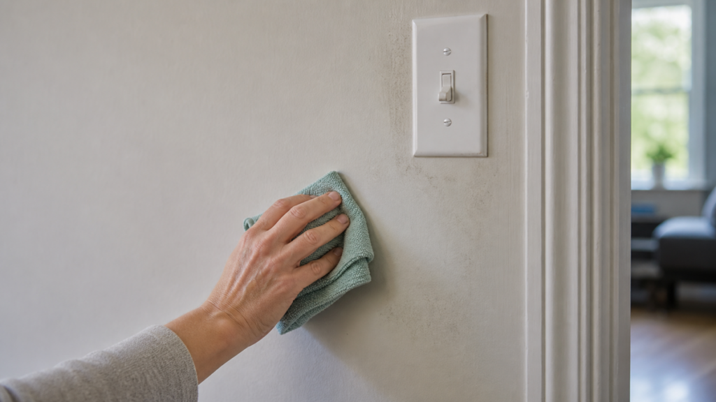 Gently wiping fingerprints from a painted hallway wall near a light switch and doorway.
