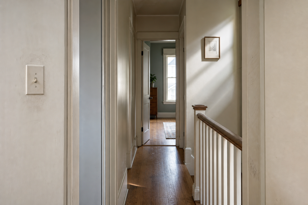 Fingerprints and light grime around common high-touch areas on a painted hallway wall.