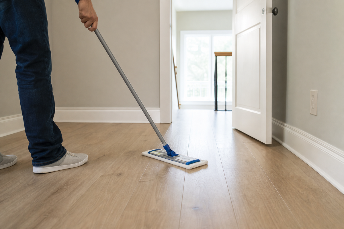 Cleaning an empty room floor last with a flat mop while working toward an open doorway.