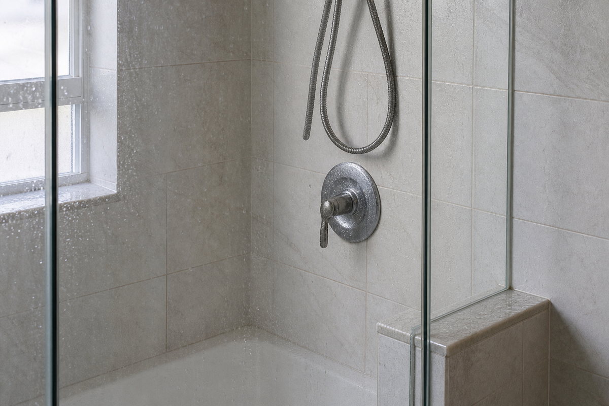 Light droplets and faint residue on glass, tile, a shower bench, and fixture in a shower corner.