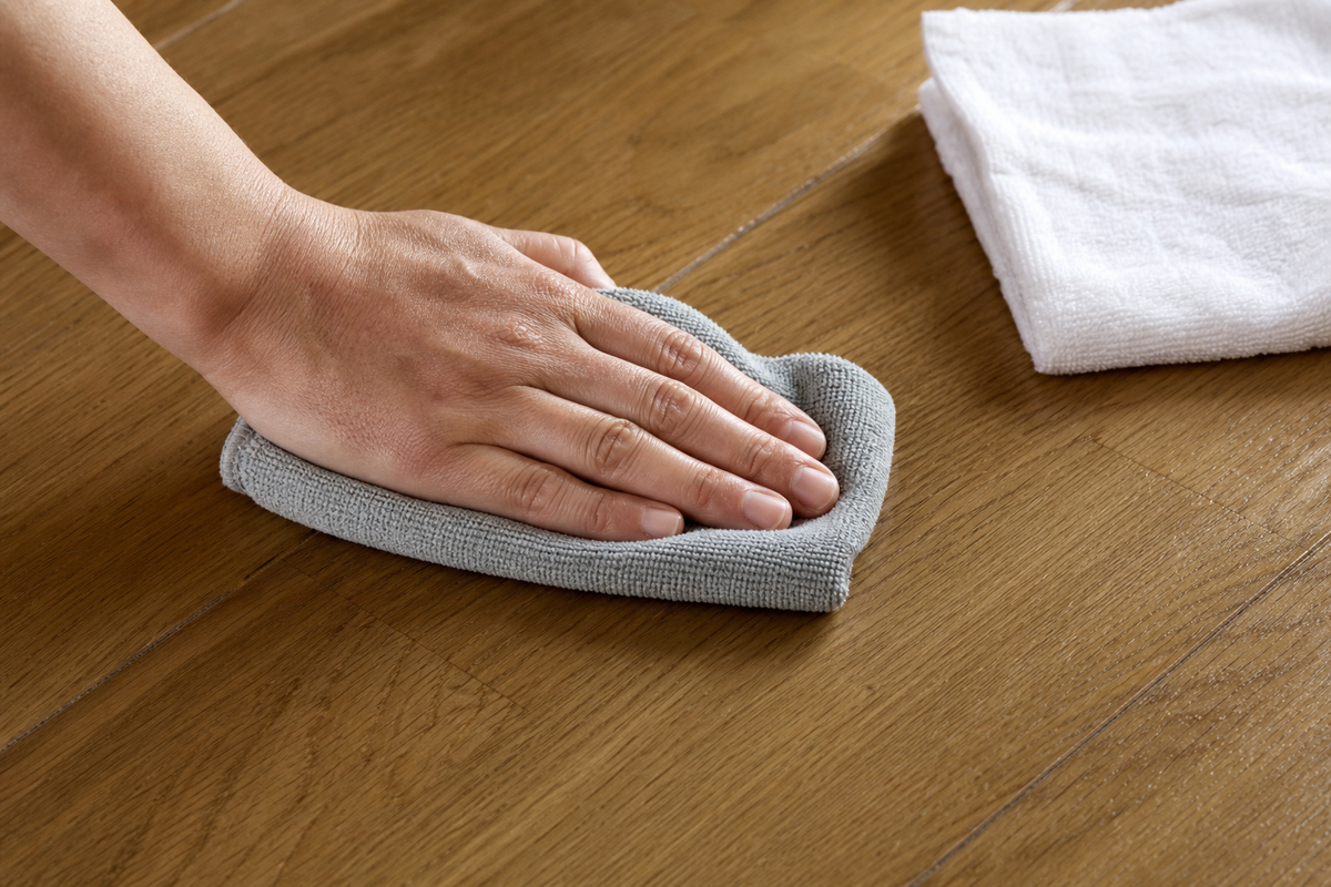 Wiping sealed hardwood along a plank seam with a blue microfiber cloth and a dry white towel nearby.