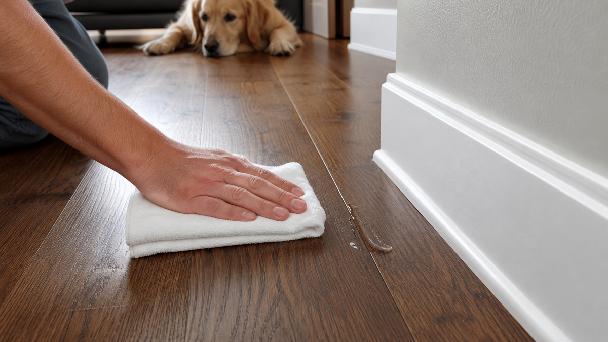 Blotting a small damp mark beside a sealed hardwood floor seam near a baseboard, with a dog in the background.