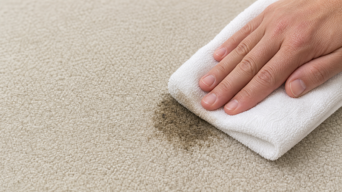 Pressing a white towel at the outside edge of a small dark grease spot on neutral carpet.