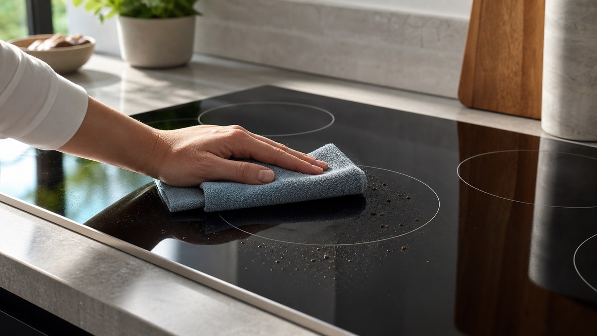 An adult hand wipes light cooking residue from a cool glass stovetop with a folded microfiber cloth.
