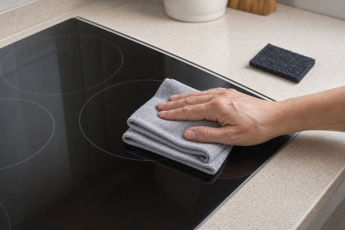 A hand uses a soft folded microfiber cloth on a cool cooktop while a dark scrub pad sits unused on the counter.