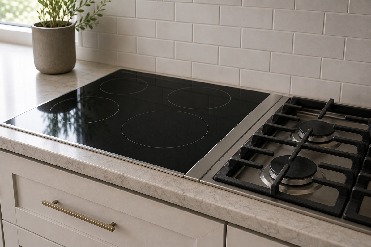 A ceramic glass cooktop sits beside stainless trim and a cool gas burner with cast-iron grates.