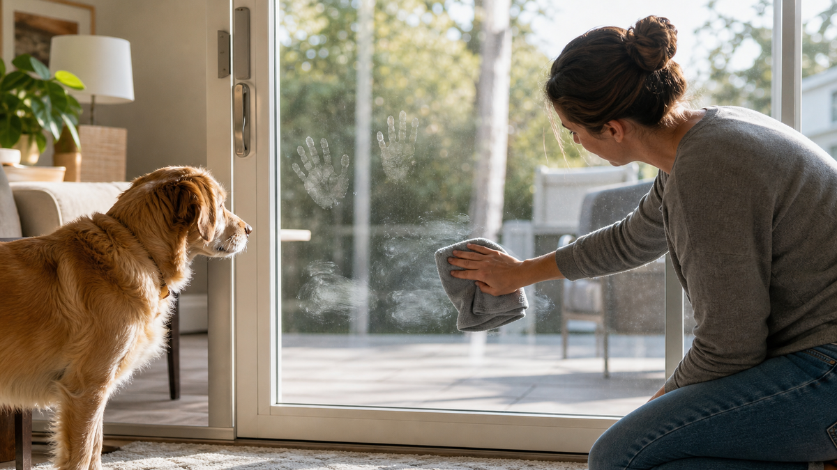 A person wipes the lower pane of a sliding glass door as a dog stands nearby beside faint lower glass smudges.
