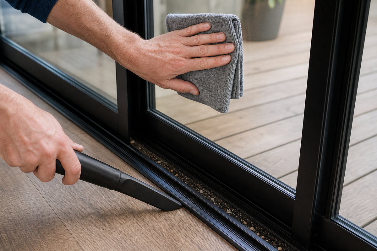 A microfiber cloth wipes a sliding glass pane while a crevice vacuum nozzle removes dry debris from the track below.