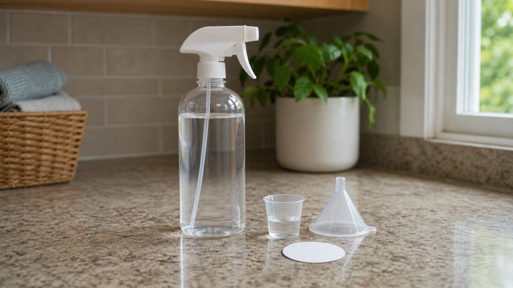 A clear measuring cup with a small amount of transparent liquid sits beside a quart-size dilution bottle, funnel, and blank label.
