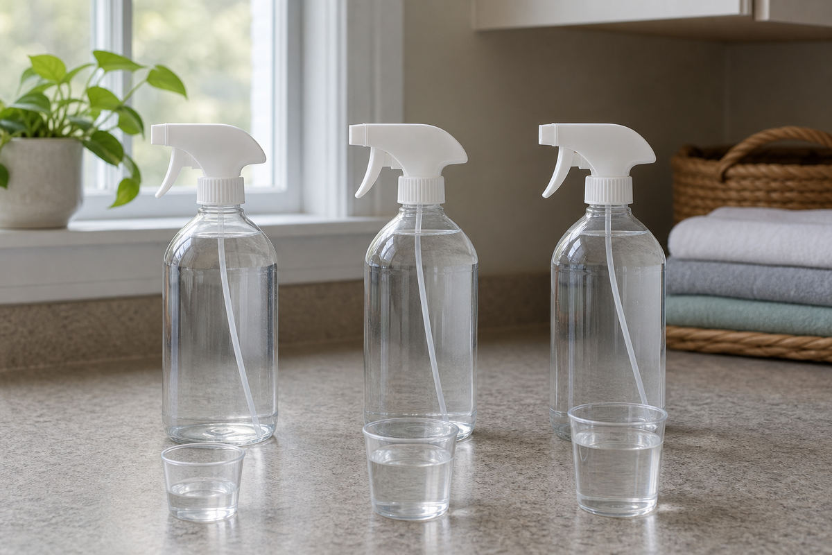 Three quart-size dilution bottles stand behind clear cups holding visibly different amounts of transparent liquid.
