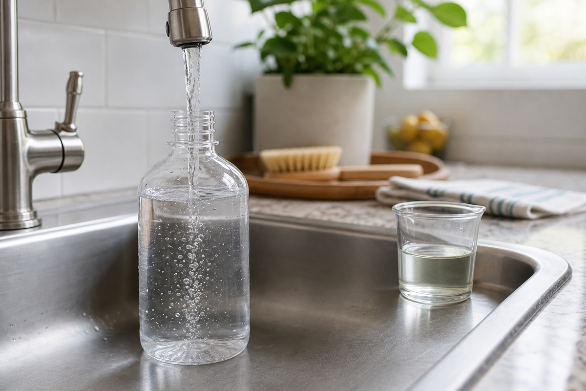 Clear water flows into a dilution bottle at a sink while a separate cup of transparent liquid waits nearby.