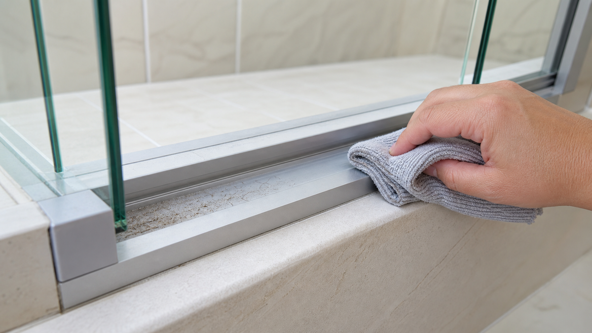 Cleaning hair, soap residue, and grime from a sliding shower-door track with a microfiber cloth.