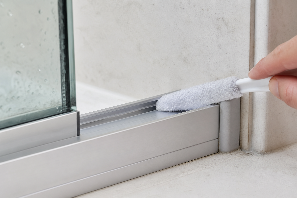 Using a soft microfiber-wrapped tool to clean the corner of a shower-door track.