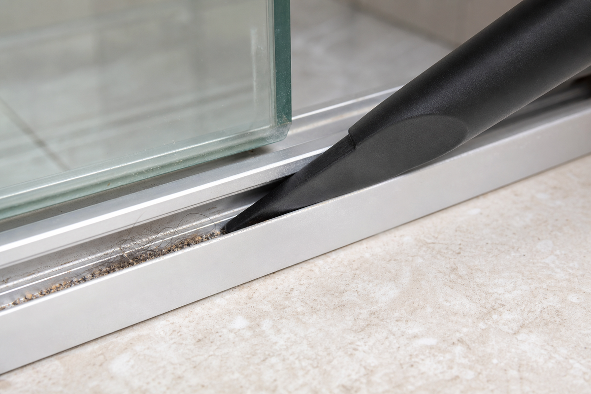 Vacuuming dry hair and debris from a shower-door track before wet cleaning.