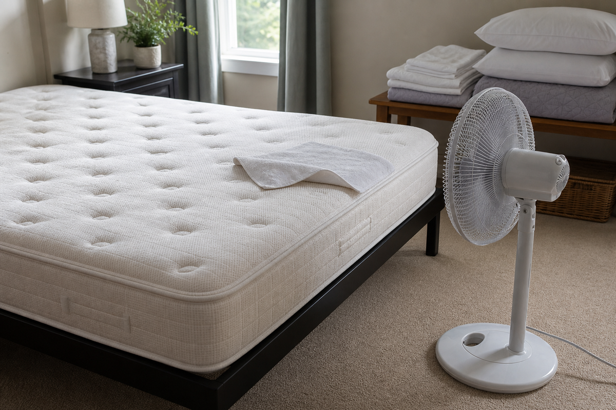 Air-drying a spot-cleaned mattress with bedding removed and a household fan nearby.