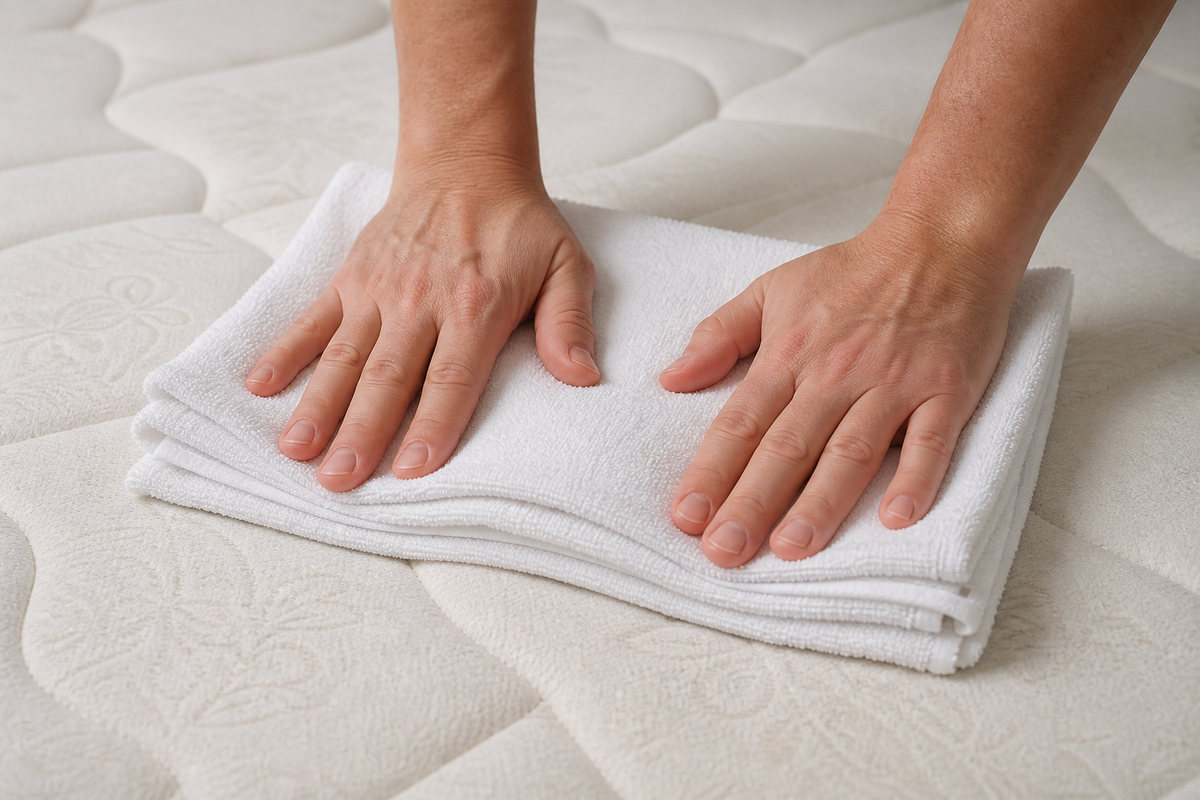 Pressing layered towels onto a mattress spot to remove moisture without soaking the material.