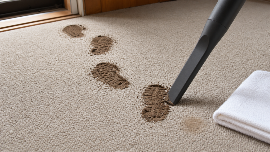 Vacuuming dried mud from dirty footprints on neutral carpet before spot treatment.