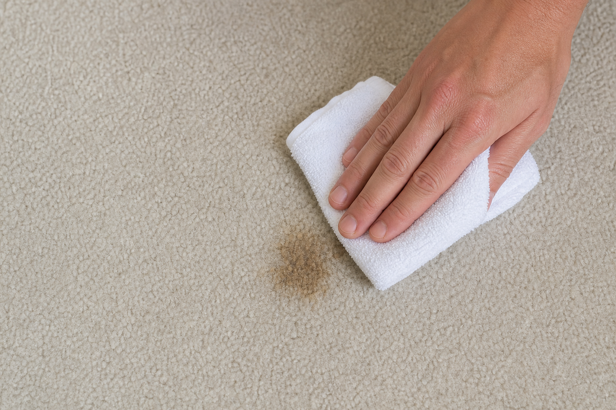 Blotting the outside edge of a muddy carpet stain toward the center with a white towel.