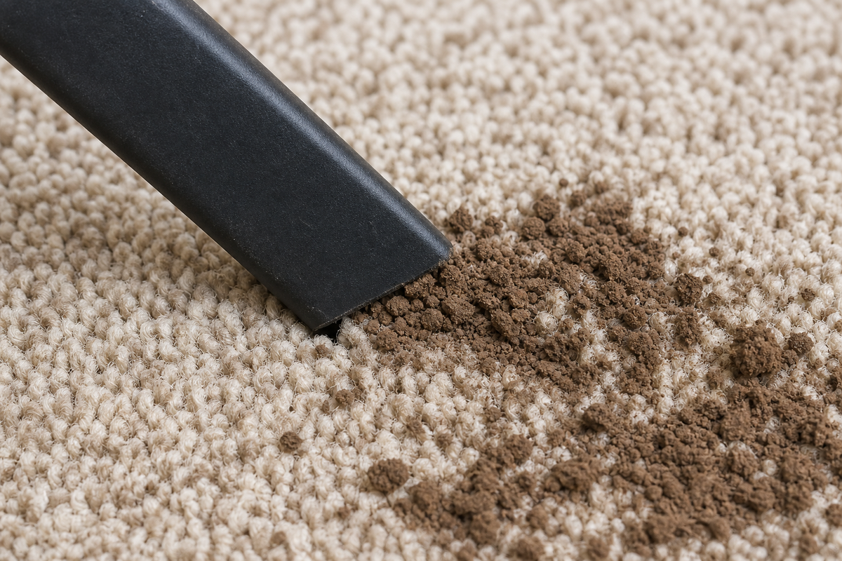 Removing dry crumbly mud from carpet pile with a vacuum crevice tool.