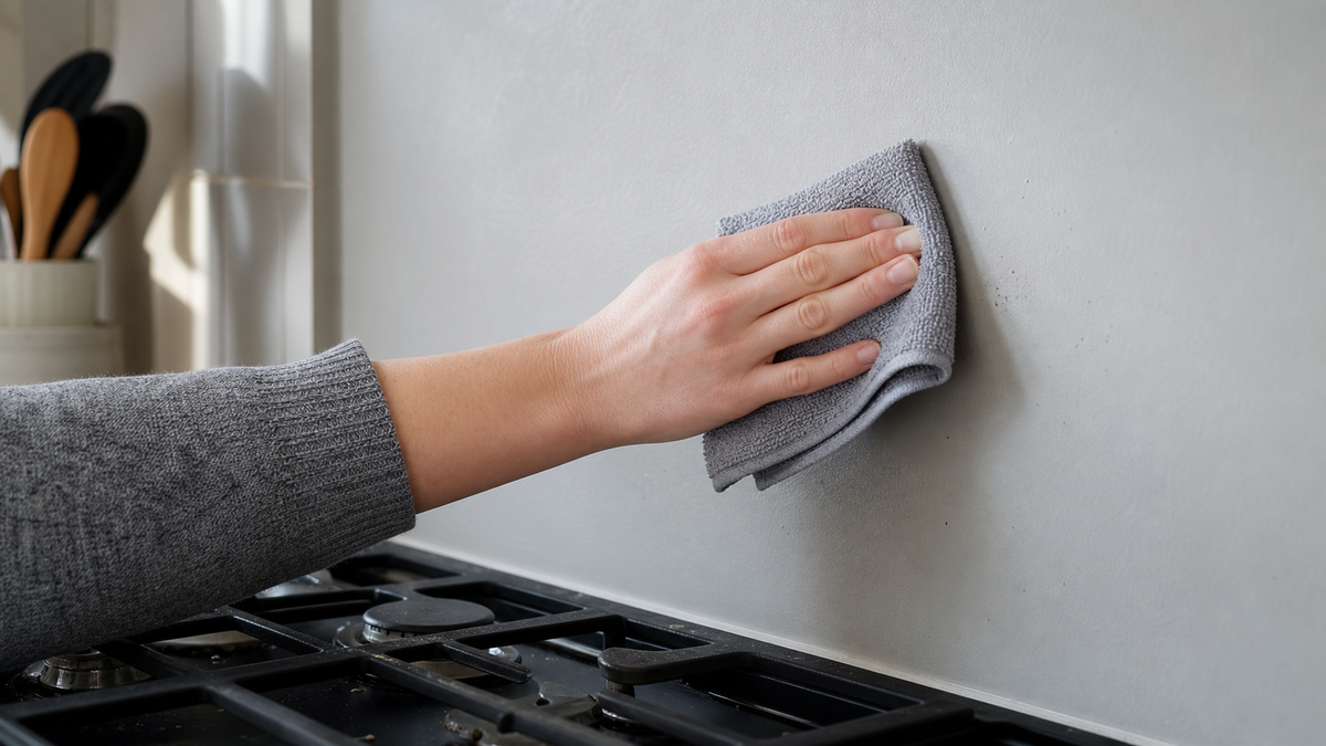 Gently wiping grease specks from a painted kitchen wall beside a cool stovetop.