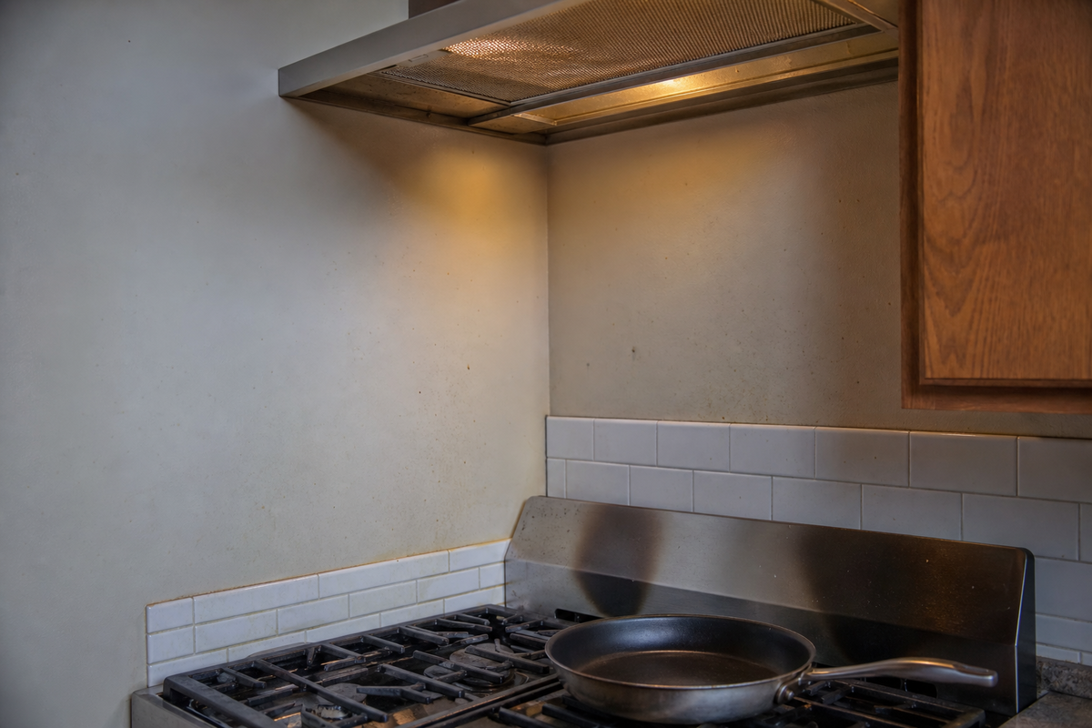 Subtle cooking grease buildup on the wall, cabinet side, and backsplash near a stove.
