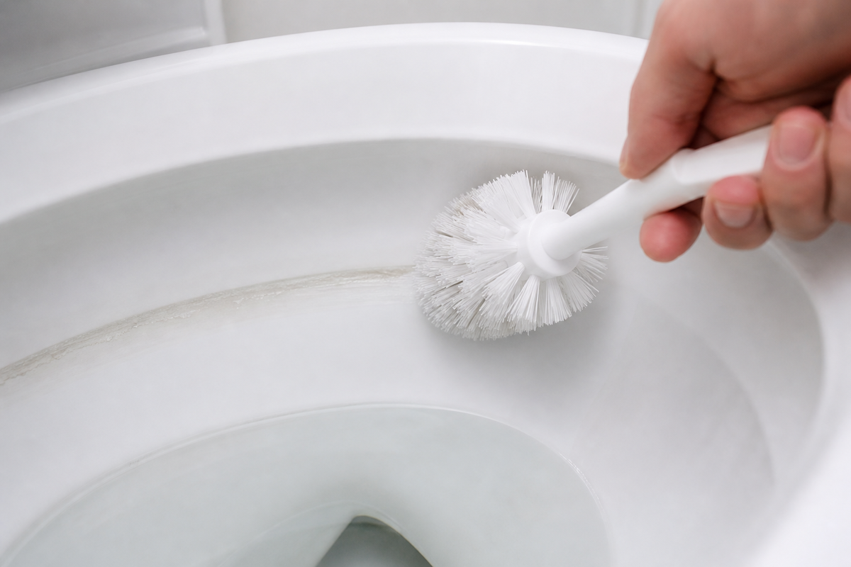 Soft toilet brush gently working along a hard-water ring at the toilet-bowl waterline
