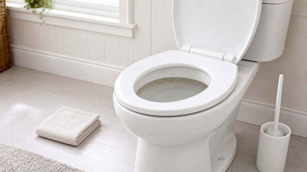 Hard-water mineral ring visible at the waterline inside a clean white toilet bowl