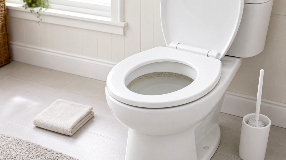 Hard-water mineral ring visible at the waterline inside a clean white toilet bowl