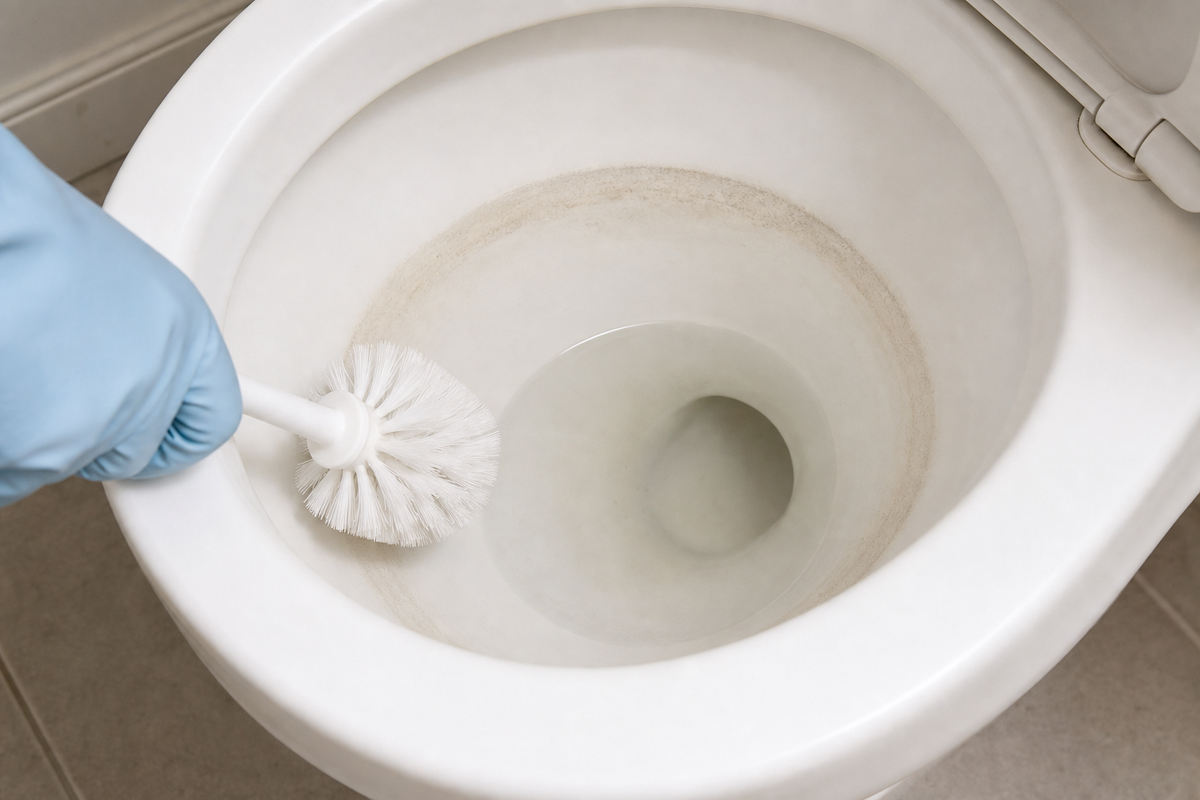 Lowered toilet-bowl waterline exposing a hard-water mineral ring before gentle cleaning