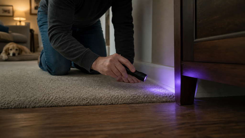 Homeowner using a black light to inspect a carpet edge and baseboard for hidden pet urine