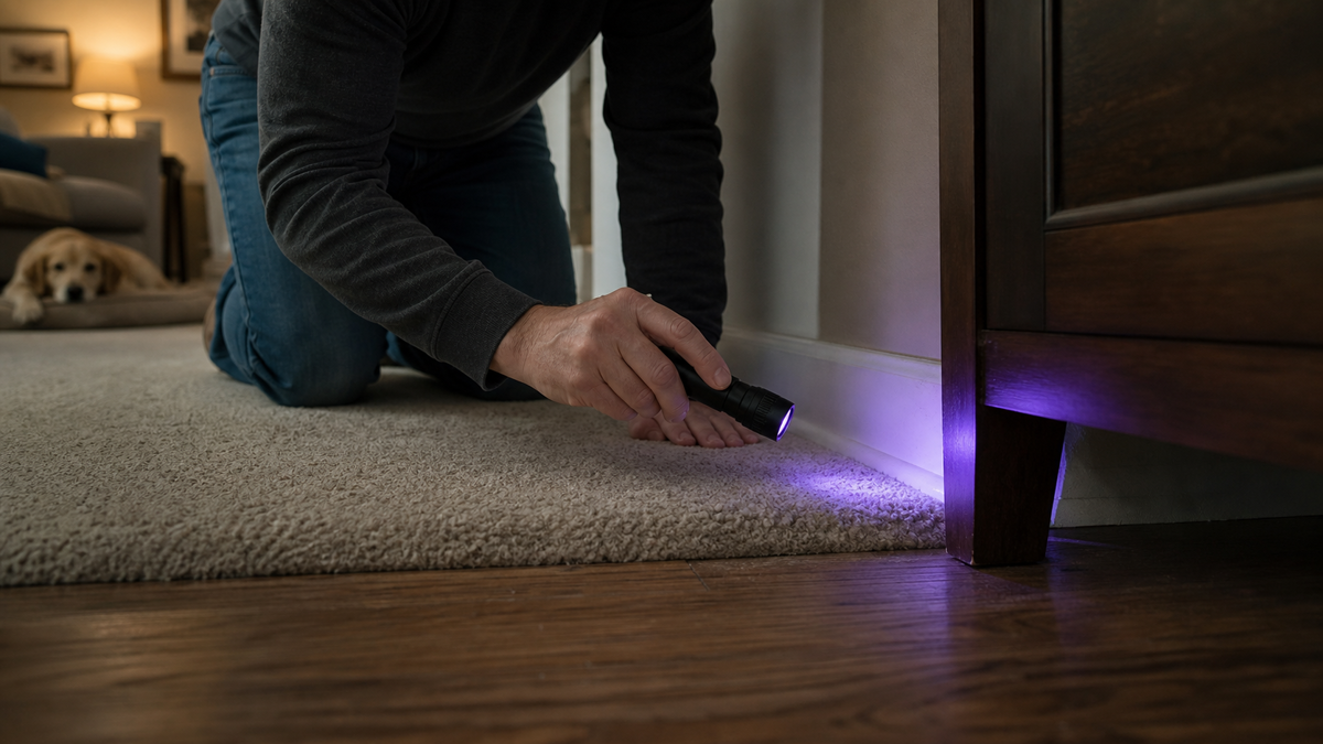 Homeowner using a black light to inspect a carpet edge and baseboard for hidden pet urine