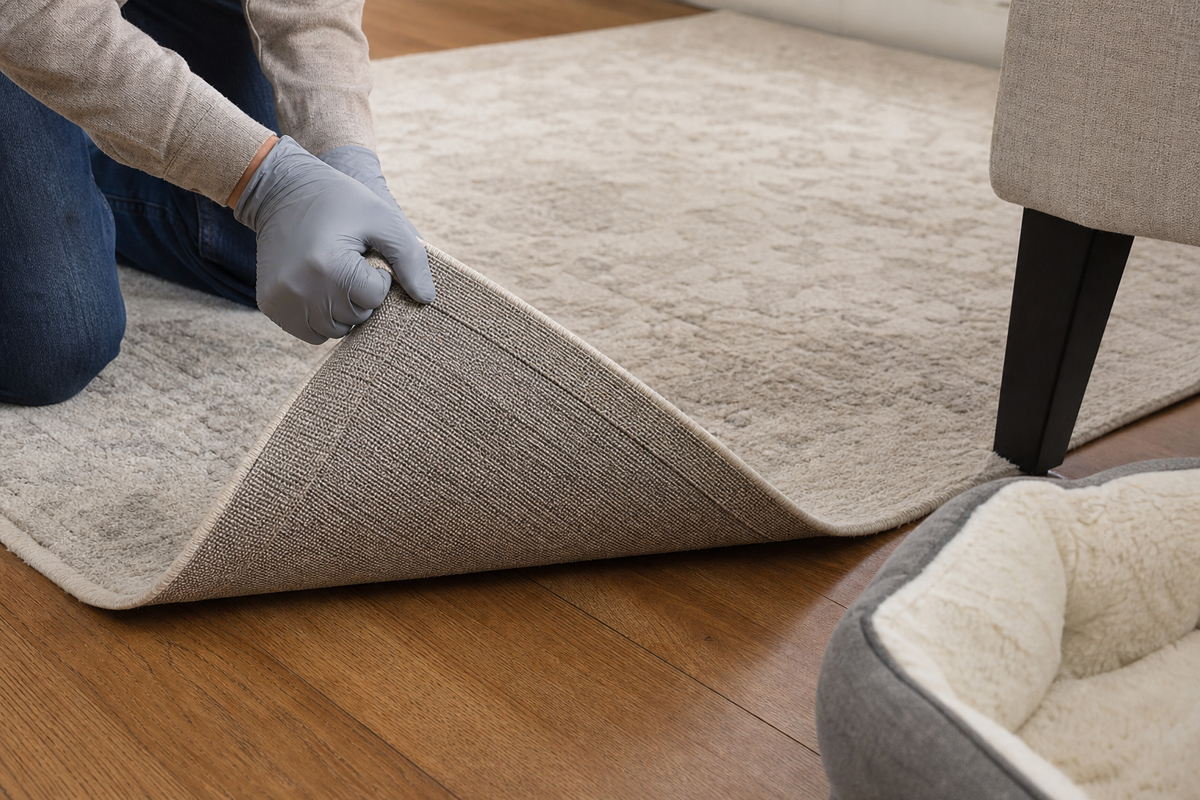 Lifting an area-rug corner to inspect the underside and floor for a hidden pet-urine source