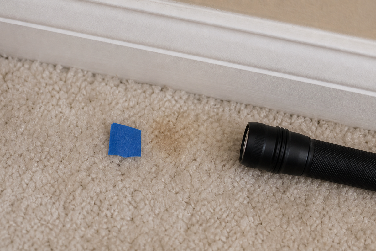 Small suspect carpet spot marked with painter's tape after checking for hidden pet urine