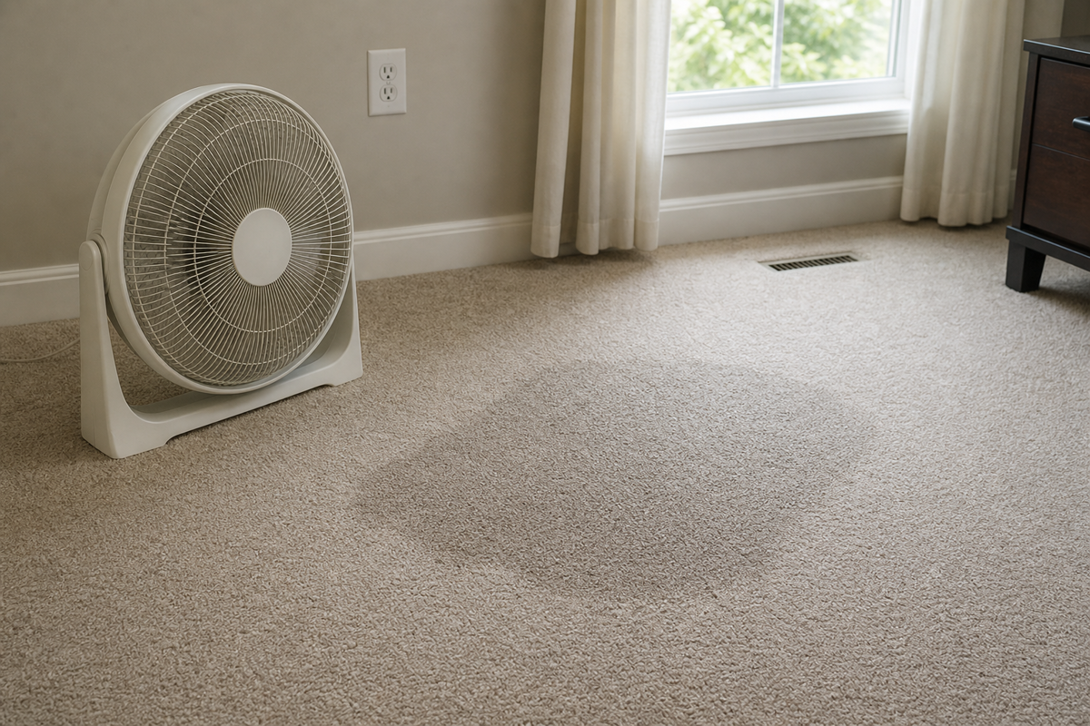 Small fan drying a controlled treated area after cleaning an old carpet stain