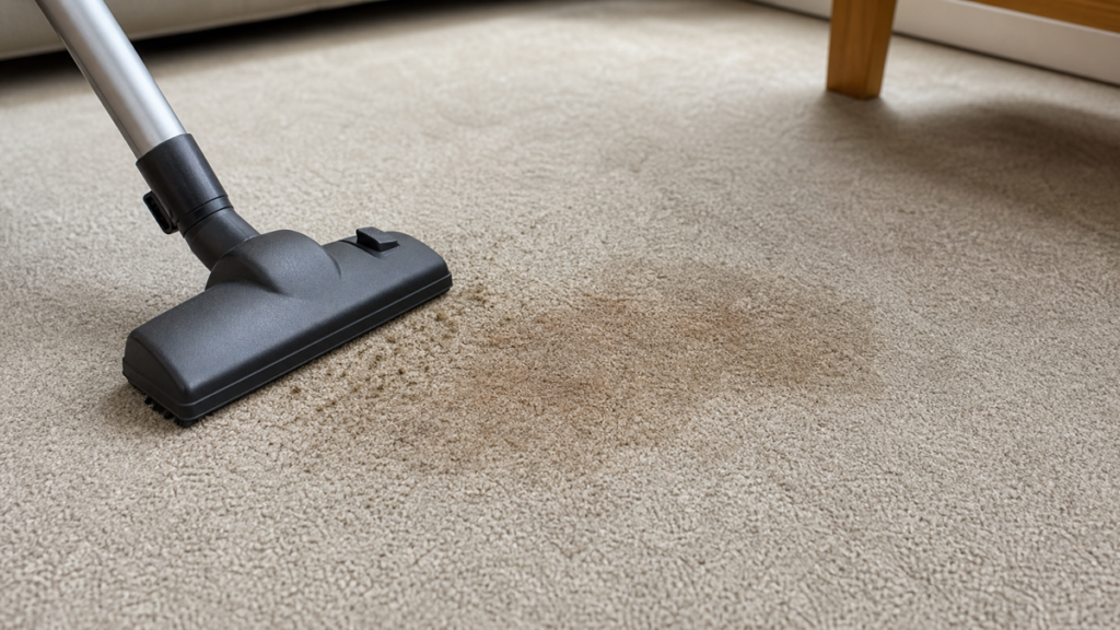 Vacuum nozzle removing loose debris beside an old dried stain on neutral carpet