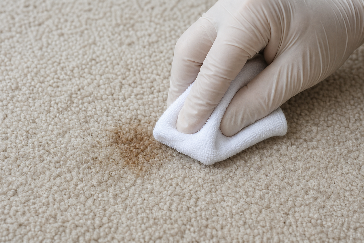 White cloth blotting an old carpet stain from the outside edge toward the center
