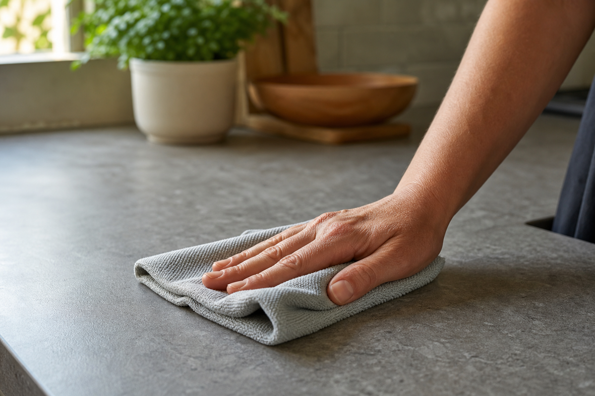 Dry microfiber cloth making a final residue-free pass over a clean kitchen counter