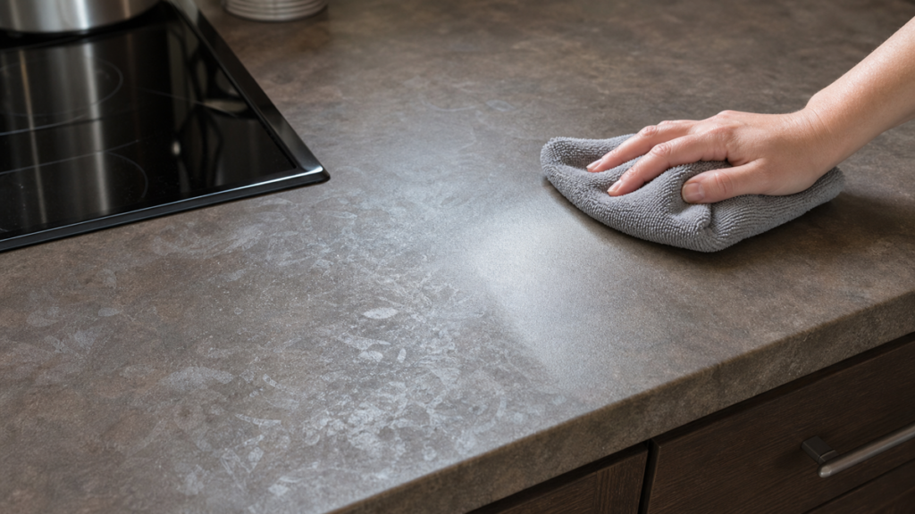 Fresh microfiber cloth wiping sticky grease residue from a kitchen counter near the stove