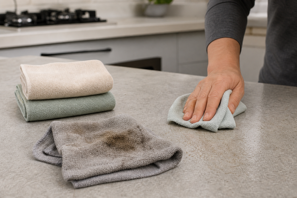 Clean damp cloth removing counter residue beside fresh cloths and a grease-loaded used cloth