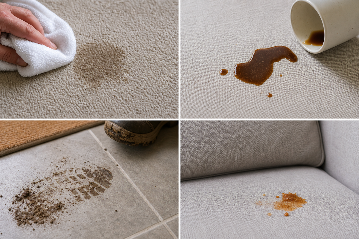 Pet accident, coffee, mud, and greasy food examples for choosing a targeted cleaner.