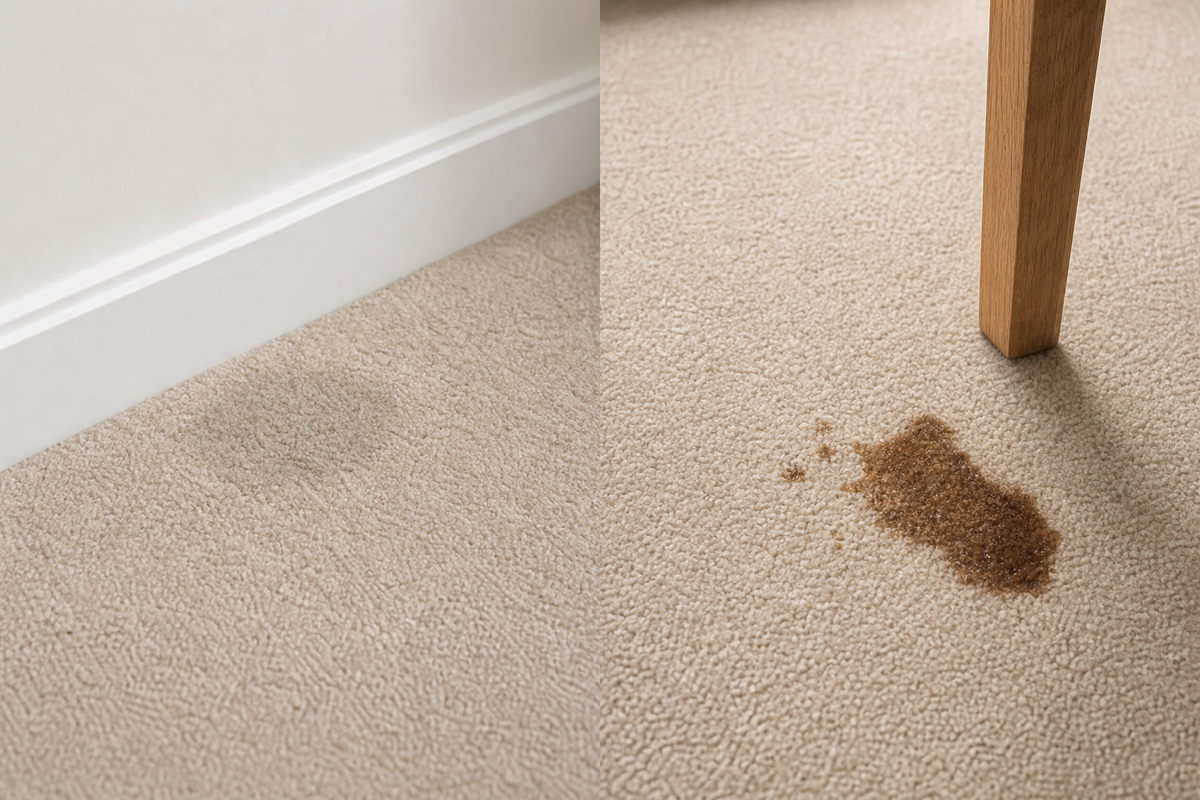 Two different mess types on the same carpet requiring different targeted cleaners.