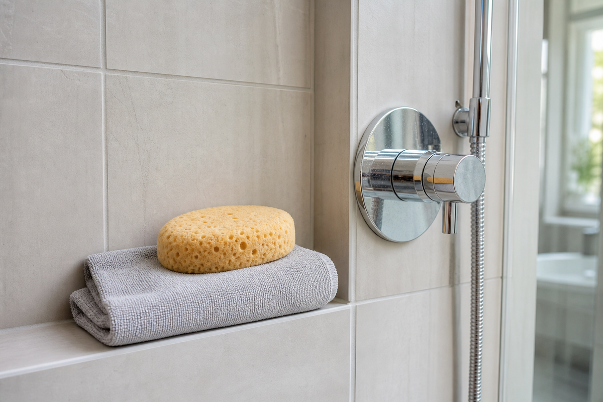 Soft microfiber cloth and non-abrasive sponge for cleaning a shower-head finish.