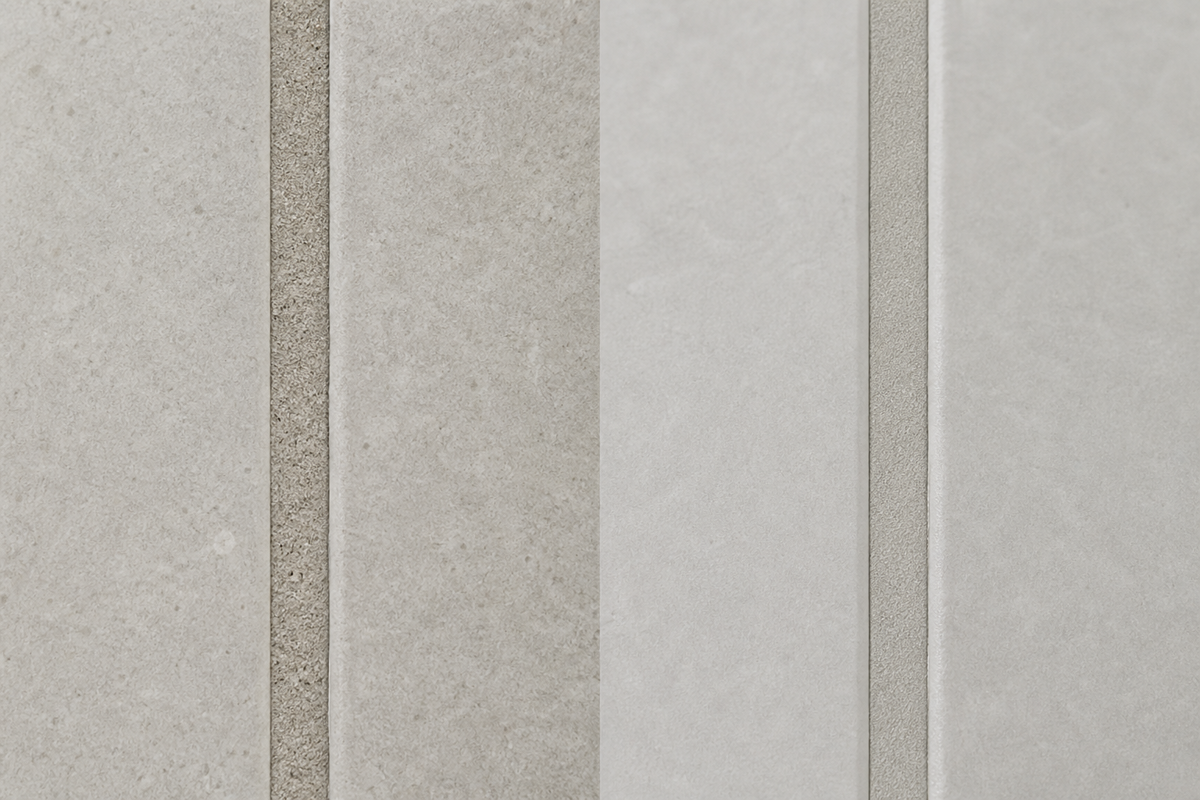 Close-up comparison of cement-style and epoxy-style grout joints in porcelain tile.