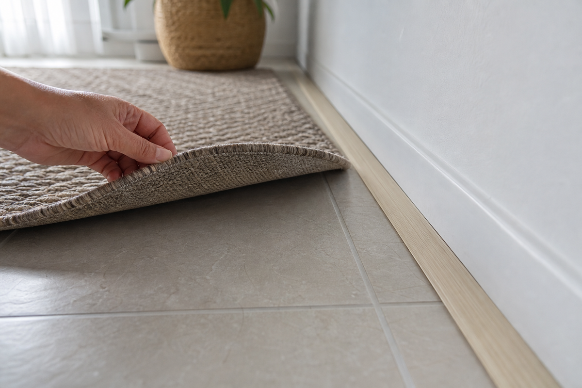 Checking grout, baseboard, transition, and mat edges after a pet accident on tile.