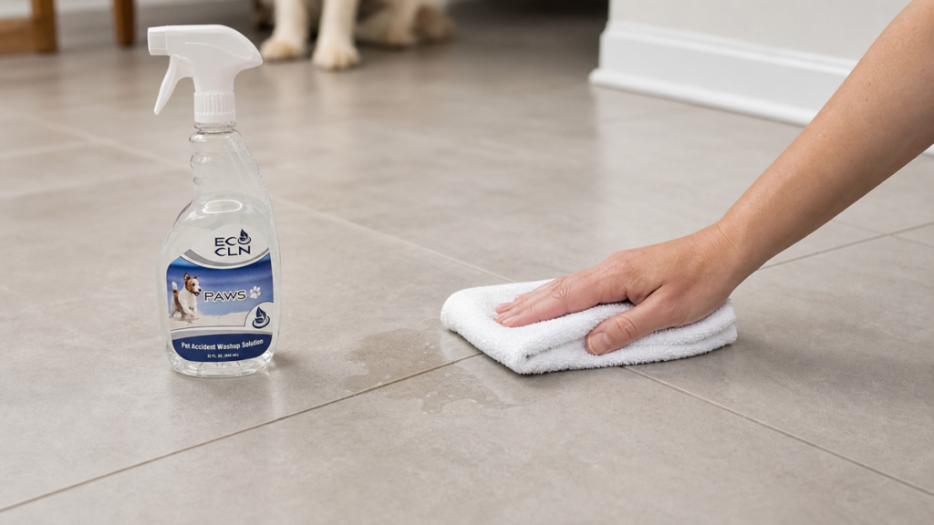 Blotting a pet urine accident from tile and grout with PAWS nearby.